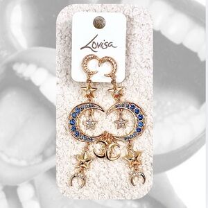 🎉🎉Gold-Tone Blue Crystal Crescent Moon & Star Gemstone Drop Earrings